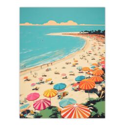 "Wee Blue Coo Wall Art Print Sun Sand Sea Cove Busy Beach Coastal Landscape Aqua Orange Pink Bright Painting Poster in Blue - Size: W18"" x H24""" - thumbnail 1