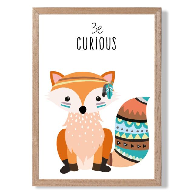 ARTZE Be Curious Fox Tribal Animal Quote Framed Print SIZE: A3 with Oak Frame in Orange - image 1