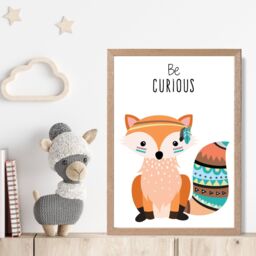ARTZE Be Curious Fox Tribal Animal Quote Framed Print SIZE: A3 with Oak Frame in Orange - thumbnail 2