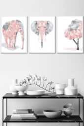 ARTZE Geometric Pink Grey Elephant Set Framed Wall Art - Medium in White - Size: W45 cm x H62 cm x D20mm