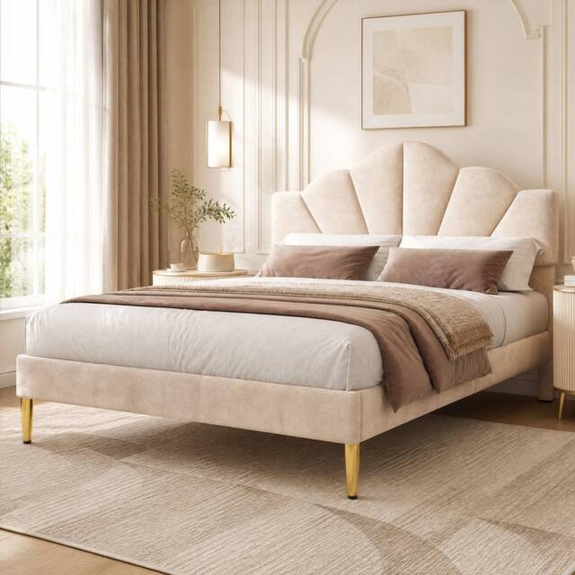 STILVORA Velvet Upholstered Bed 4ft6 with Adjustable Headboard in Beige - Size: Double - image 1
