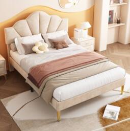 STILVORA Velvet Upholstered Bed 4ft6 with Adjustable Headboard in Beige - Size: Double - thumbnail 2