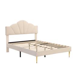 STILVORA Velvet Upholstered Bed 4ft6 with Adjustable Headboard in Beige - Size: Double - thumbnail 5