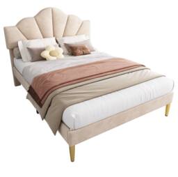STILVORA Velvet Upholstered Bed 4ft6 with Adjustable Headboard in Beige - Size: Double - thumbnail 4