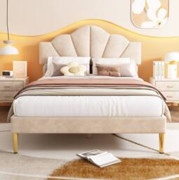 STILVORA Velvet Upholstered Bed 4ft6 with Adjustable Headboard in Beige - Size: Double - thumbnail 3