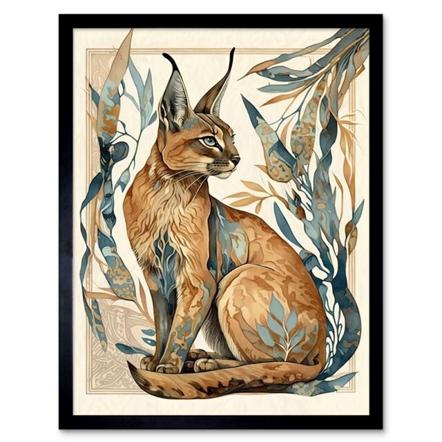 "Artery8 Wall Art Print Caracal Cat with Teal Plants Modern Art Nouveau Watercolour Art Framed - Size: W12"" x H16""" - image 1
