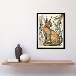 "Artery8 Wall Art Print Caracal Cat with Teal Plants Modern Art Nouveau Watercolour Art Framed - Size: W12"" x H16""" - thumbnail 2