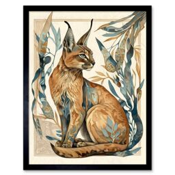 "Artery8 Wall Art Print Caracal Cat with Teal Plants Modern Art Nouveau Watercolour Art Framed - Size: W12"" x H16""" - thumbnail 1