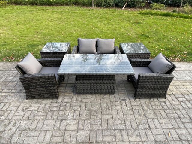 Fimous Outdoor Garden Dining Sets 4 Seater Rattan Patio Furniture Sofa Set with Rising Lifting Table 2 Side Tables in Dark Grey