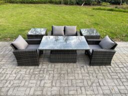 Fimous Outdoor Garden Dining Sets 4 Seater Rattan Patio Furniture Sofa Set with Rising Lifting Table 2 Side Tables in Dark Grey - thumbnail 1