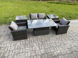 Fimous Outdoor Garden Dining Sets 4 Seater Rattan Patio Furniture Sofa Set with Rising Lifting Table 2 Side Tables in Dark Grey - thumbnail 2