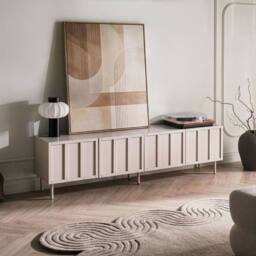 Wyld and Coco Cashmere 4-Door TV Stand - MDF Cabinet with Metal Legs in Beige