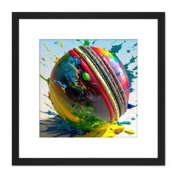 Artery8 Cricket Ball Dynamic Paint Splatter Bright Action Painting Square Wooden Framed Wall Art Print Picture 8X8 Inch in Black - thumbnail 1