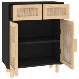 Berkfield Home Sideboard Black 60x30x75 cm Solid Wood Pine & Natural Rattan - Size: 60 x 30 x 75 cm - thumbnail 5