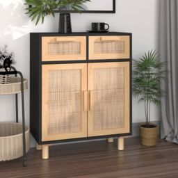 Berkfield Home Sideboard Black 60x30x75 cm Solid Wood Pine & Natural Rattan - Size: 60 x 30 x 75 cm