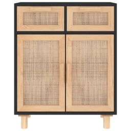 Berkfield Home Sideboard Black 60x30x75 cm Solid Wood Pine & Natural Rattan - Size: 60 x 30 x 75 cm - thumbnail 4