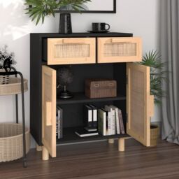 Berkfield Home Sideboard Black 60x30x75 cm Solid Wood Pine & Natural Rattan - Size: 60 x 30 x 75 cm - thumbnail 3