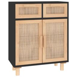 Berkfield Home Sideboard Black 60x30x75 cm Solid Wood Pine & Natural Rattan - Size: 60 x 30 x 75 cm - thumbnail 2