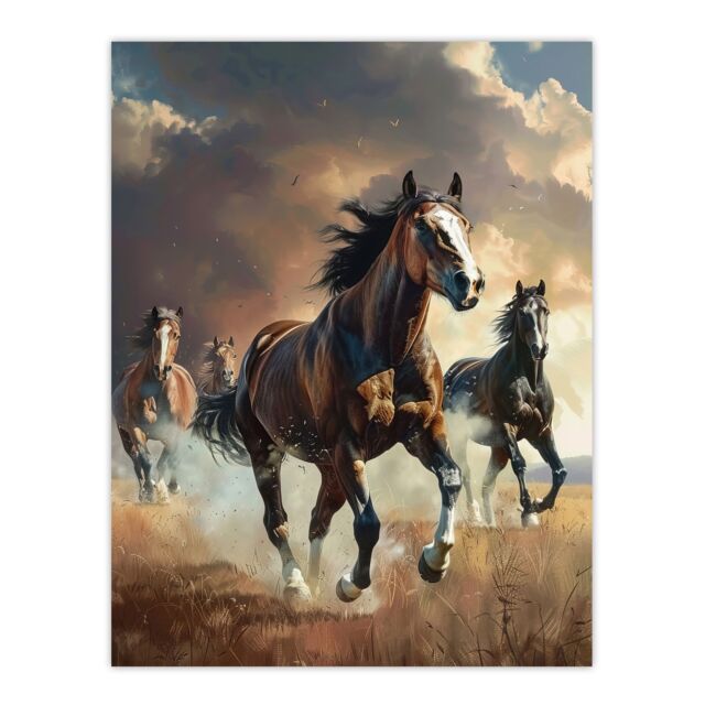 "Artery8 Wild Horses Galloping Field Atmospheric Sunset Wall Art Print in Brown - Size: W24"" x H32""" - image 1