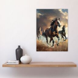 "Artery8 Wild Horses Galloping Field Atmospheric Sunset Wall Art Print in Brown - Size: W24"" x H32""" - thumbnail 4