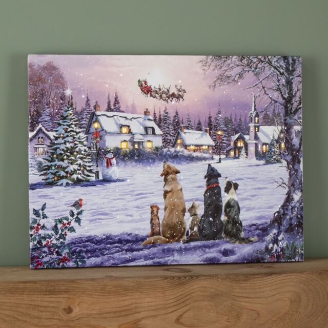 Samuel Alexander 40 x 30cm Battery Operated Light up Fibre Optic Dogs Watching Santa Christmas Wall Canvas - Size: 40 x 30 cm - image 1