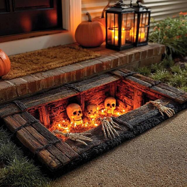 YnysTec Skeleton Halloween Rug Fire Trapdoor Optical Illusion Spooky Floor Mat in Jet Black - Size: 40 x 60 cm - image 1