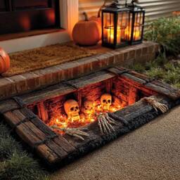 YnysTec Skeleton Halloween Rug Fire Trapdoor Optical Illusion Spooky Floor Mat in Jet Black - Size: 40 x 60 cm - thumbnail 1
