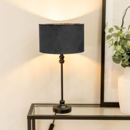 ValueLights Maggie Black Metal Candlestick Table Lamp with Velvet Drum Shade & LED Bulb