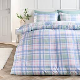 OHS Watercolour Check Reversible Microfibre Duvet Cover Bedding Set in Blue - Size: Double - thumbnail 1