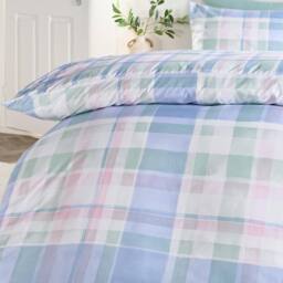 OHS Watercolour Check Reversible Microfibre Duvet Cover Bedding Set in Blue - Size: Double - thumbnail 4