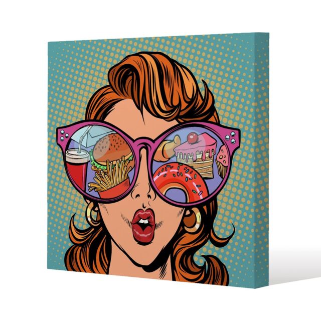 Benjamin Tate Design Woman with sunglasses. Fast food & sweets in the reflection (Canvas Print) / 127 x 127 x 4cm in Natural - Size: 127 x 127 x 4 cm - image 1