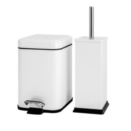 Harbour Housewares 3L Square Bathroom Bin & Brush Set - Slim Stainless Steel Bathroom Set in White - thumbnail 1