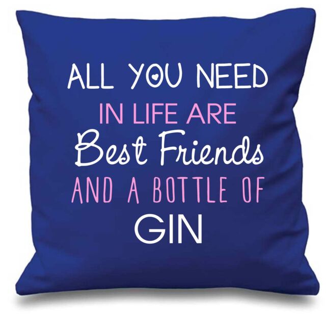 "60 SECOND MAKEOVER Cushion Cover All You Need In Life Are Best Friends & A Bottle Of Gin 16"" x 16"" in Blue - Size: 40 cm x 40 cm"