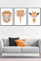 ARTZE Set of 3 Dark Grey Framed Geometric Orange Grey Jungle Animal Heads Wall Art - Size: W33 cm x H45 cm x D20mm - thumbnail 1