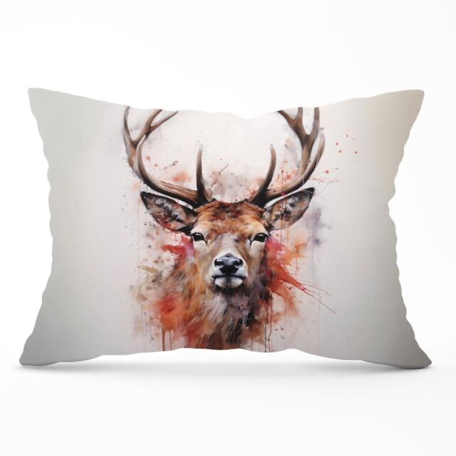Warren Reed - Designer Watercolour Splashart Stag Face Cushions in Brown - Size: 60 cm x 60 cm - image 1