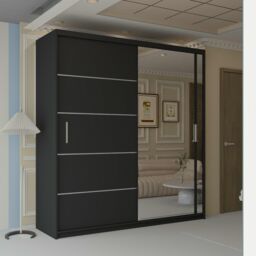 Sliding Wardrobes 4U Modern Mirror Wardrobe with Top LED Lighting W180cm in Black - thumbnail 1