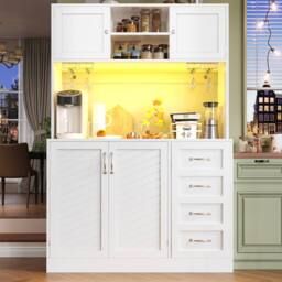 Merax Large Kitchen Pantry Cabinet with LED Coffee Station Wine Glass Holder in White