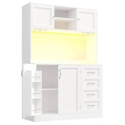 Merax Large Kitchen Pantry Cabinet with LED Coffee Station Wine Glass Holder in White - thumbnail 8