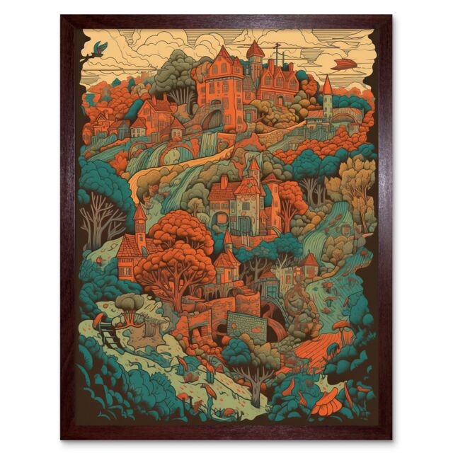 "Artery8 Wall Art Print Village in Forest Coral & Teal Blue Art Framed in Brown - Size: W12"" x H16""" - image 1