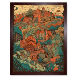 "Artery8 Wall Art Print Village in Forest Coral & Teal Blue Art Framed in Brown - Size: W12"" x H16""" - thumbnail 1