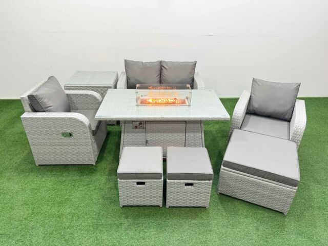 Fimous Light Grey PE Wicker Rattan Garden Furniture Set Sofa Set Reclining Chair Firepit Dining Table 7 Seater 3 Stools Side Table - image 1