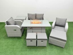 Fimous Light Grey PE Wicker Rattan Garden Furniture Set Sofa Set Reclining Chair Firepit Dining Table 7 Seater 3 Stools Side Table - thumbnail 2