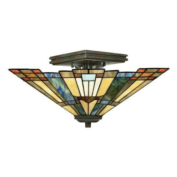 Netlighting Inglenook 2 Light Tiffany Semi Flush Ceiling Light Bronze E27