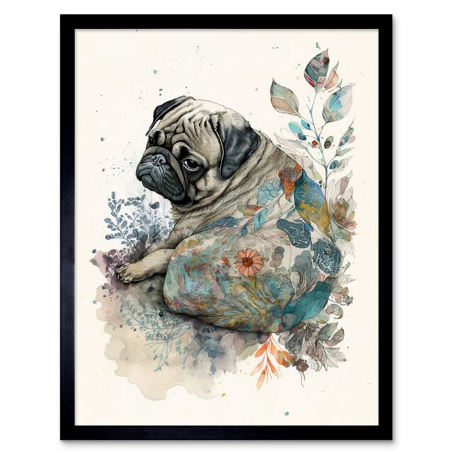 "Artery8 Wall Art Print Pug Dog with Floral Pattern Modern Multicoloured Watercolour Art Framed in Black - Size: W12"" x H16""" - image 1