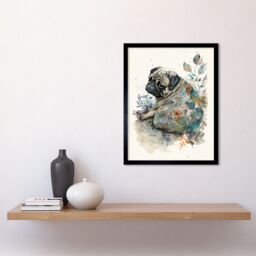 "Artery8 Wall Art Print Pug Dog with Floral Pattern Modern Multicoloured Watercolour Art Framed in Black - Size: W12"" x H16""" - thumbnail 2