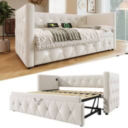 Rolipo Beige Velvet 3FT Single Daybed With Pull Out Trundle & USB - thumbnail 9