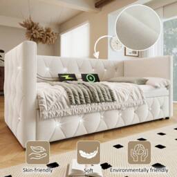 Rolipo Beige Velvet 3FT Single Daybed With Pull Out Trundle & USB - thumbnail 3