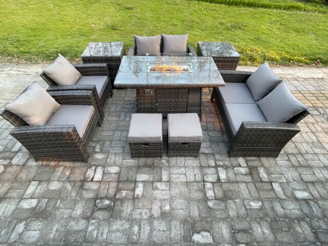 Fimous Outdoor Garden Furniture Sets 9 Pieces Wicker Rattan Furniture Gas Firepit Dining Table Sofa Set with 2 Small Footstools in Dark Grey