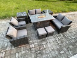 Fimous Outdoor Garden Furniture Sets 9 Pieces Wicker Rattan Furniture Gas Firepit Dining Table Sofa Set with 2 Small Footstools in Dark Grey - thumbnail 2