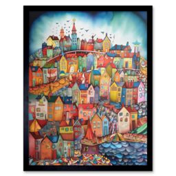 "Artery8 Wall Art Print Abstract Fishing Village Folk Art Framed in Black - Size: W12"" x H16""" - thumbnail 1